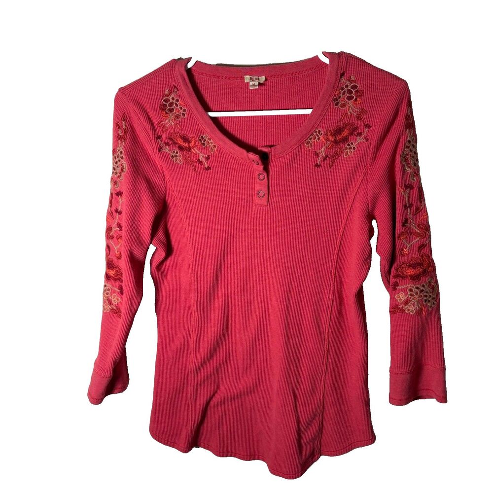 Reba T-Shirt Women's Medium Thermal Embroidered 3/4 Sleeve Floral Shirt Boho